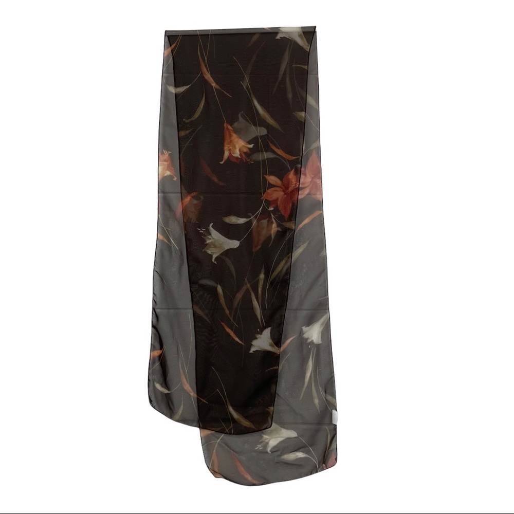 VINTAGE 80s Foulard Brown Floral Sheer Long Scarf 9.5x56 K16